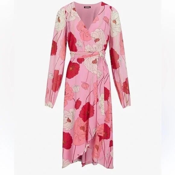 NWT Express Pink Floral Faux Wrap Tie Waist Midi Dress Size S - Picture 2 of 10